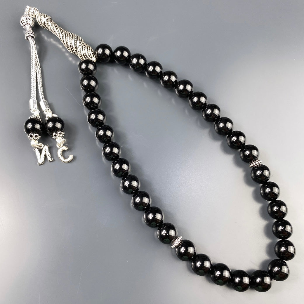 Tesbih / Gebetskette Onyx Glanz Basic Logo 925 Silber 2 Buchstaben