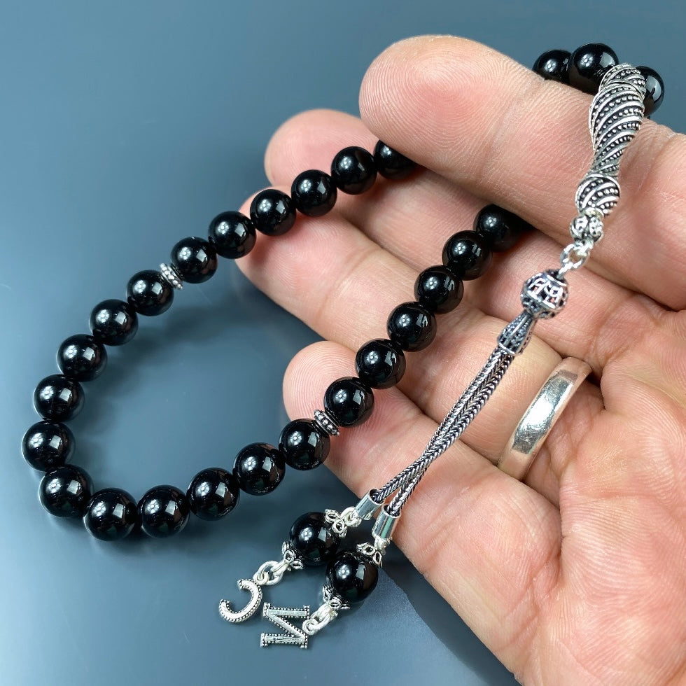 Tesbih / Gebetskette Onyx Glanz Basic Logo 925 Silber 2 Buchstaben