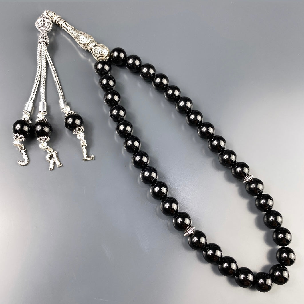 Tesbih / Gebetskette Onyx Glanz Tugra Logo 925 Silber 3 Buchstaben
