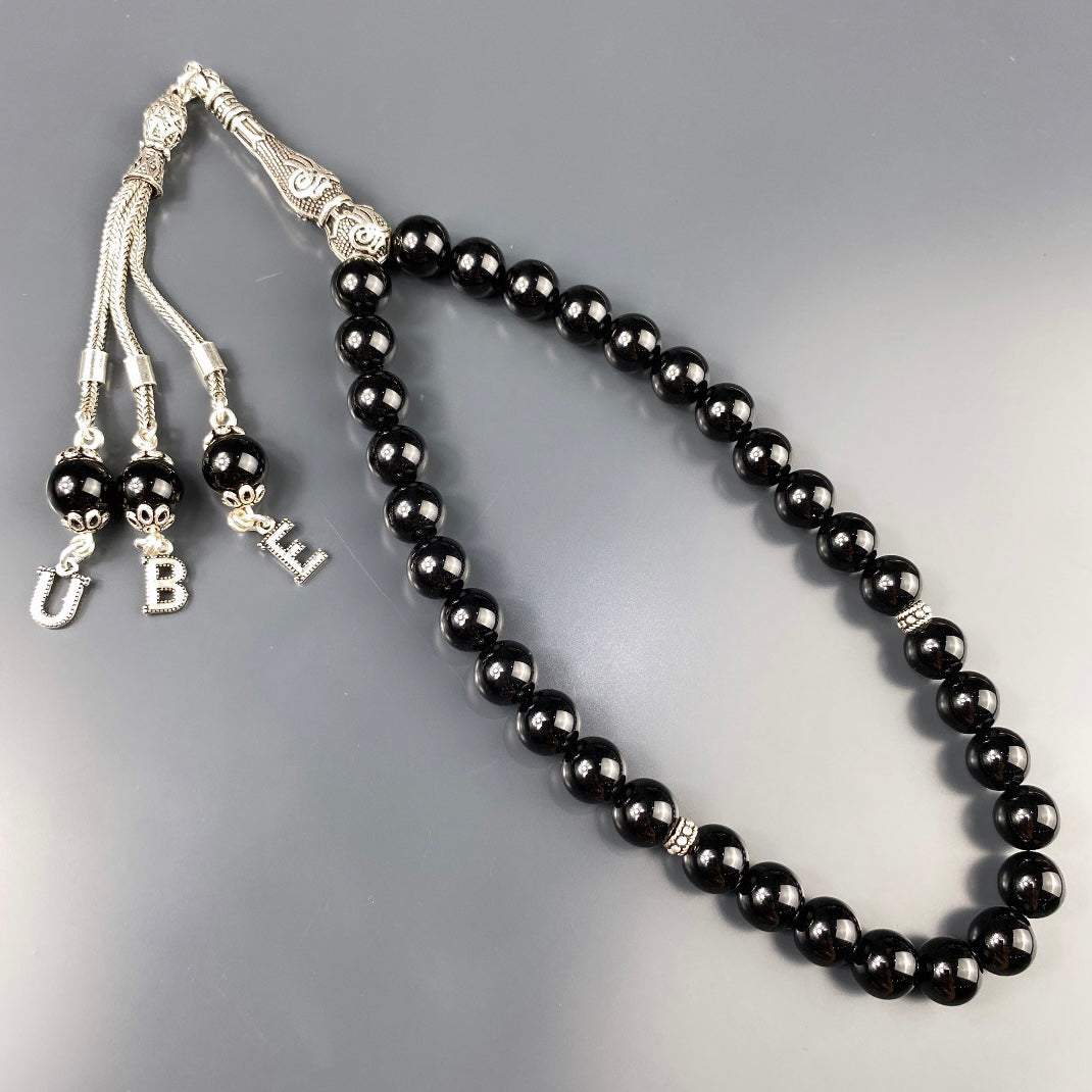 Tesbih / Gebetskette Onyx Glanz Tugra Logo 925 Silber 3 Buchstaben