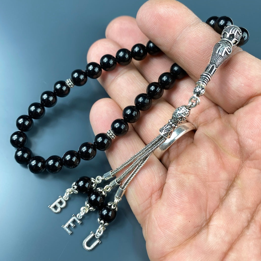 Tesbih / Gebetskette Onyx Glanz Tugra Logo 925 Silber 3 Buchstaben