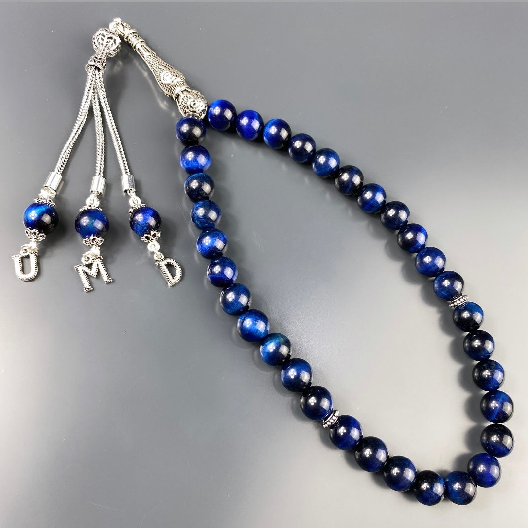 Tesbih / Gebetskette Tigerauge Dark Blue Tugra Logo 925 Silber 3 Buchstaben