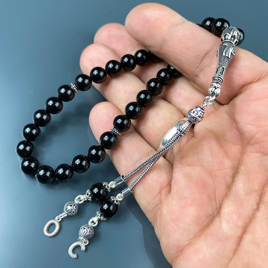 Tesbih / Gebetskette Onyx Glanz Tugra Logo 925 Silber 2 Buchstaben