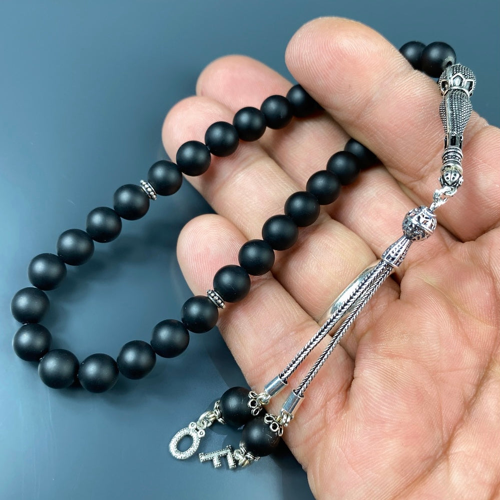 Tesbih / Gebetskette Onyx Matt Basic Logo 925 Silber 2 Buchstaben
