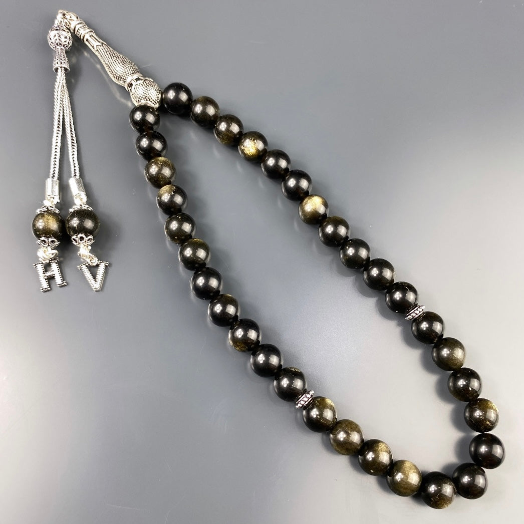 Tesbih / Gebetskette Gold Obsidian Basic Logo 925 Silber 2 Buchstaben