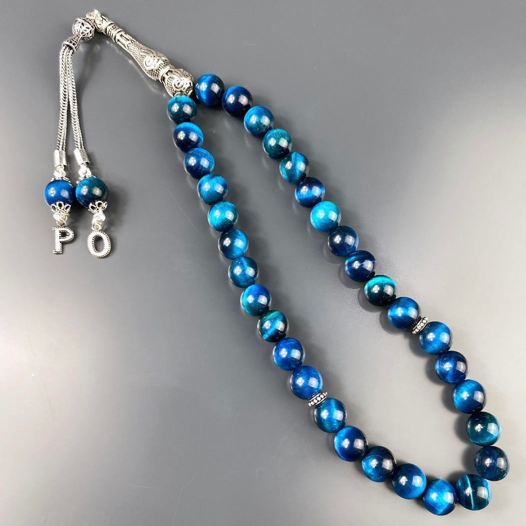 Tesbih / Gebetskette Tigerauge Blau Tugra Logo 925 Silber 2 Buchstaben
