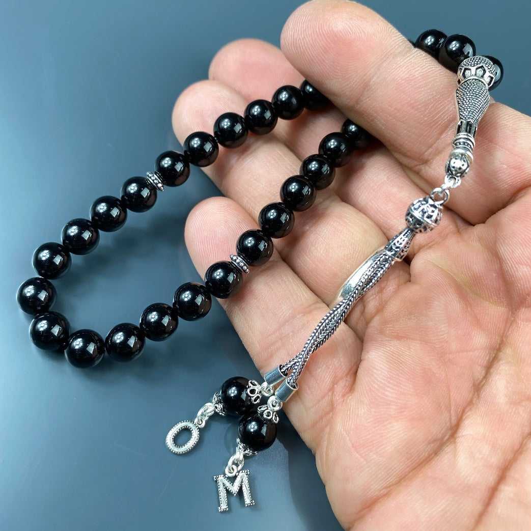 Tesbih / Gebetskette Onyx Glanz Basic Logo 925 Silber 2 Buchstaben