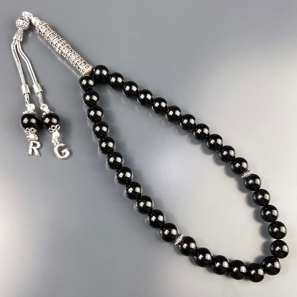 Tesbih / Gebetskette Onyx Glanz Sahi Topu 1453 Logo 925 Silber 2 Buchstaben