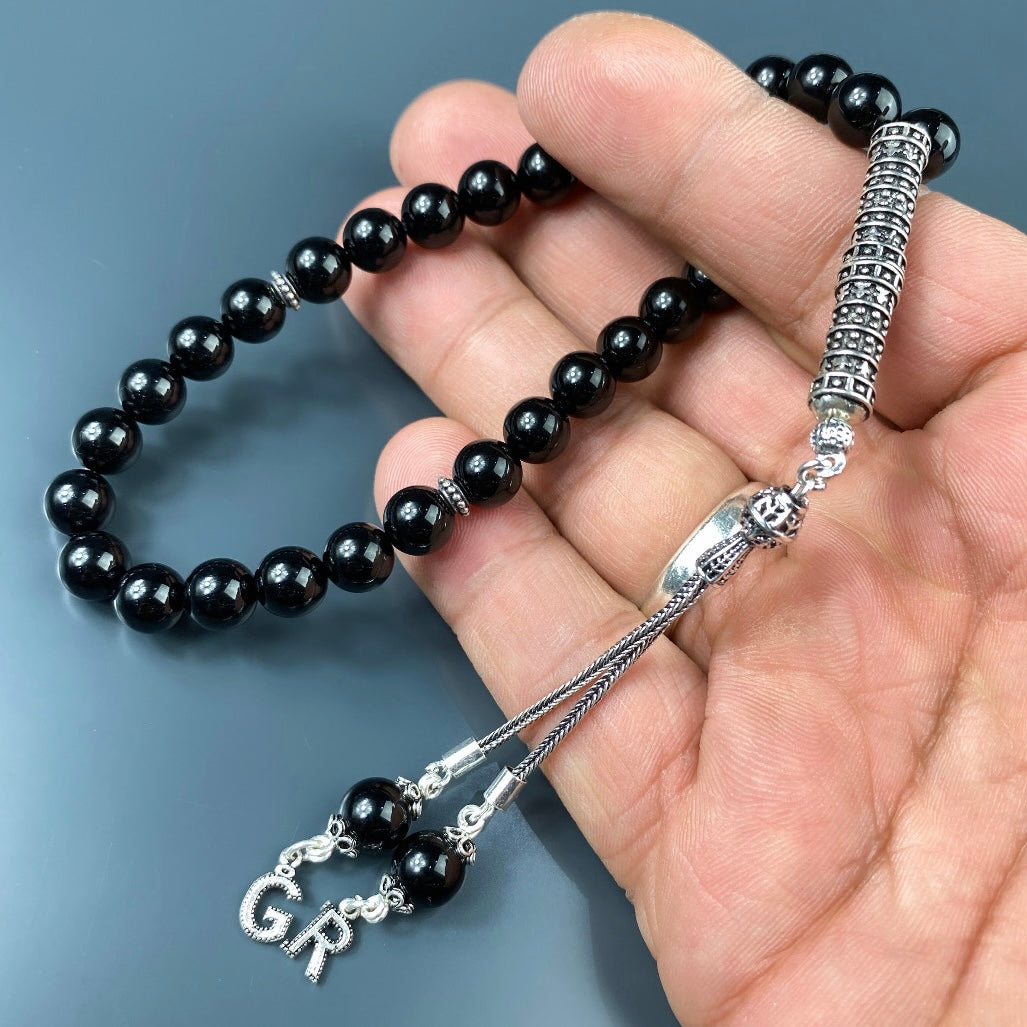 Tesbih / Gebetskette Onyx Glanz Sahi Topu 1453 Logo 925 Silber 2 Buchstaben