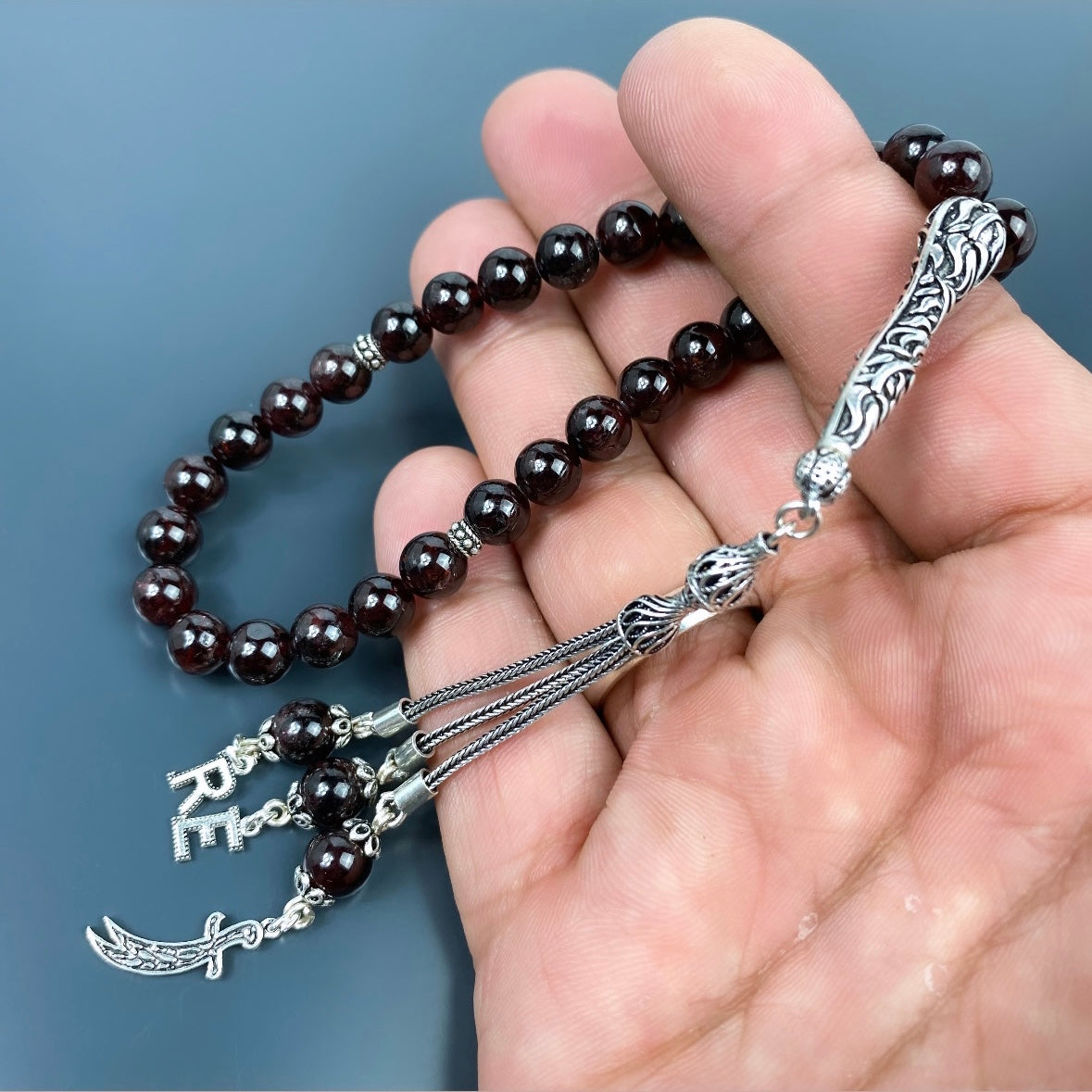 Tesbih Granat Tasi 925 Silber mit Logo und 2 Buchstaben