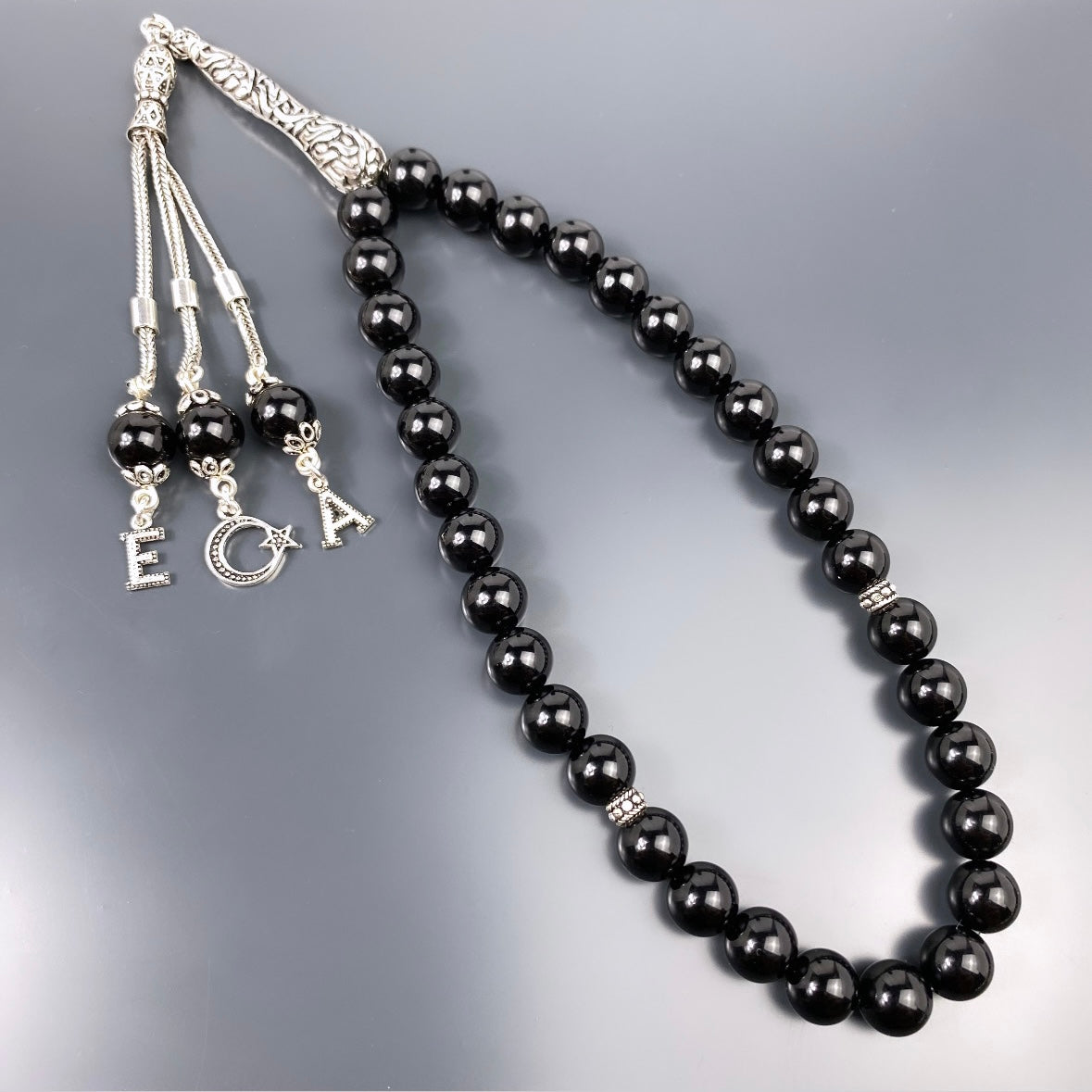 Tesbih Onyx Glanz 925 Silber mit Logo und 2 Buchstaben