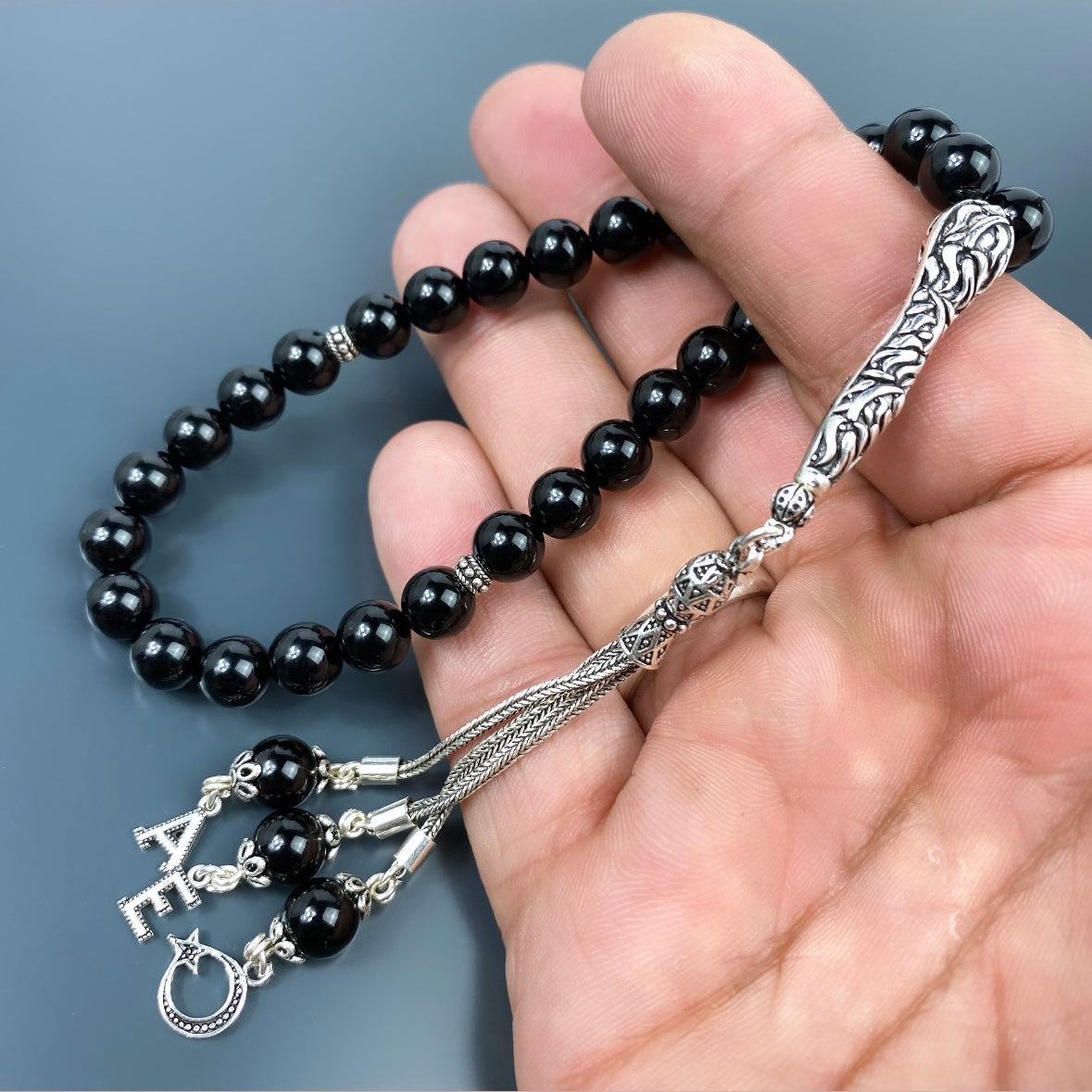 Tesbih Onyx Glanz 925 Silber mit Logo und 2 Buchstaben