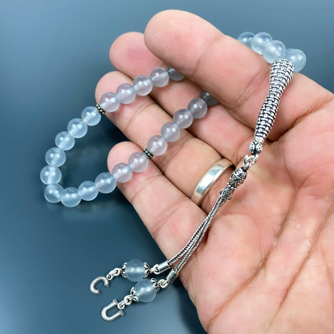Tesbih Jade Grau 925 Silber mit 2 Buchstaben