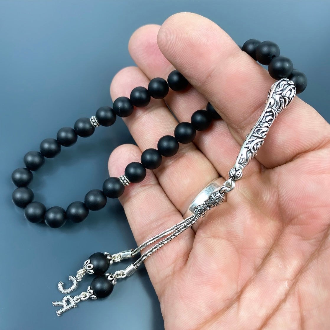 Tesbih Onyx Matt 925 Silber mit 2 Buchstaben