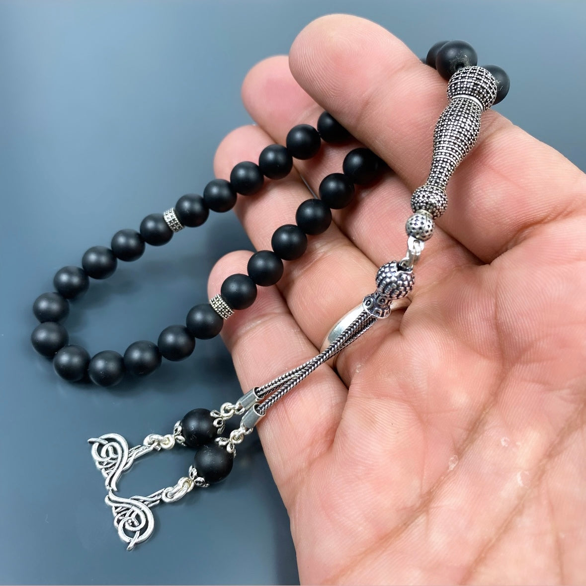 Tesbih Onyx Matt Tugra Logo Gebetskette 925 Silber