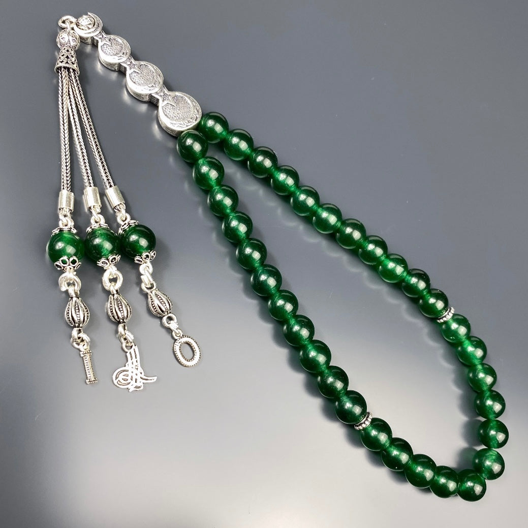 Tesbih Naturstein Grün Jade 3lü Ay Yildiz Özel Gümüs Imame