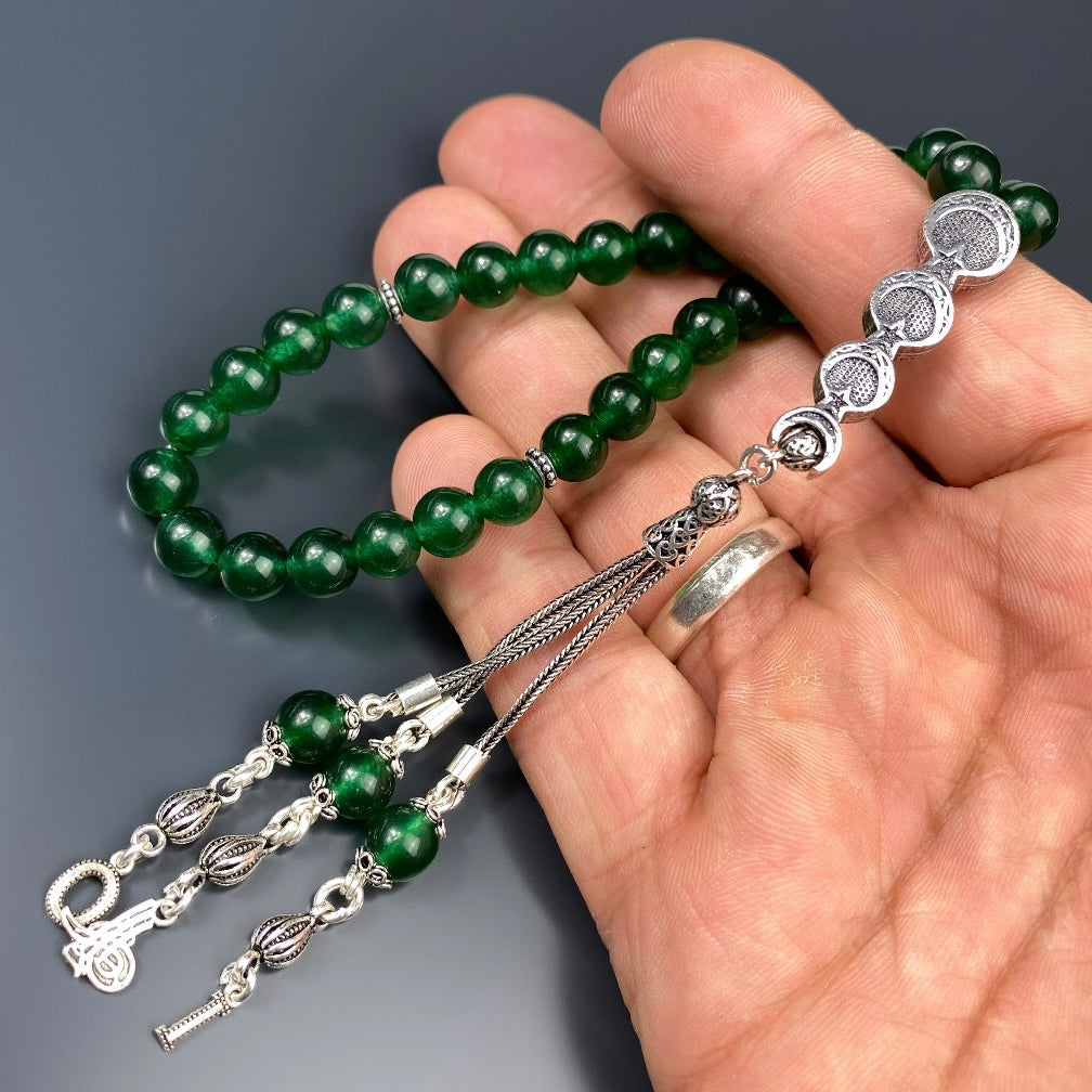 Tesbih Naturstein Grün Jade 3lü Ay Yildiz Özel Gümüs Imame