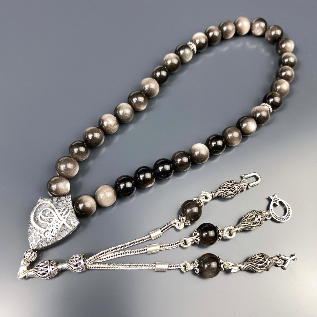 Tesbih Naturstein Obsidian Silber Tugra Logo Özel Gümüs