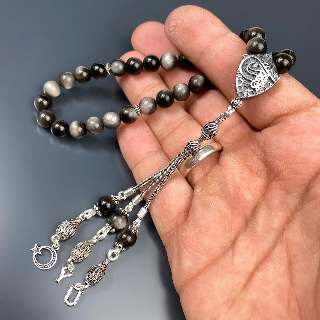 Tesbih Naturstein Obsidian Silber Tugra Logo Özel Gümüs