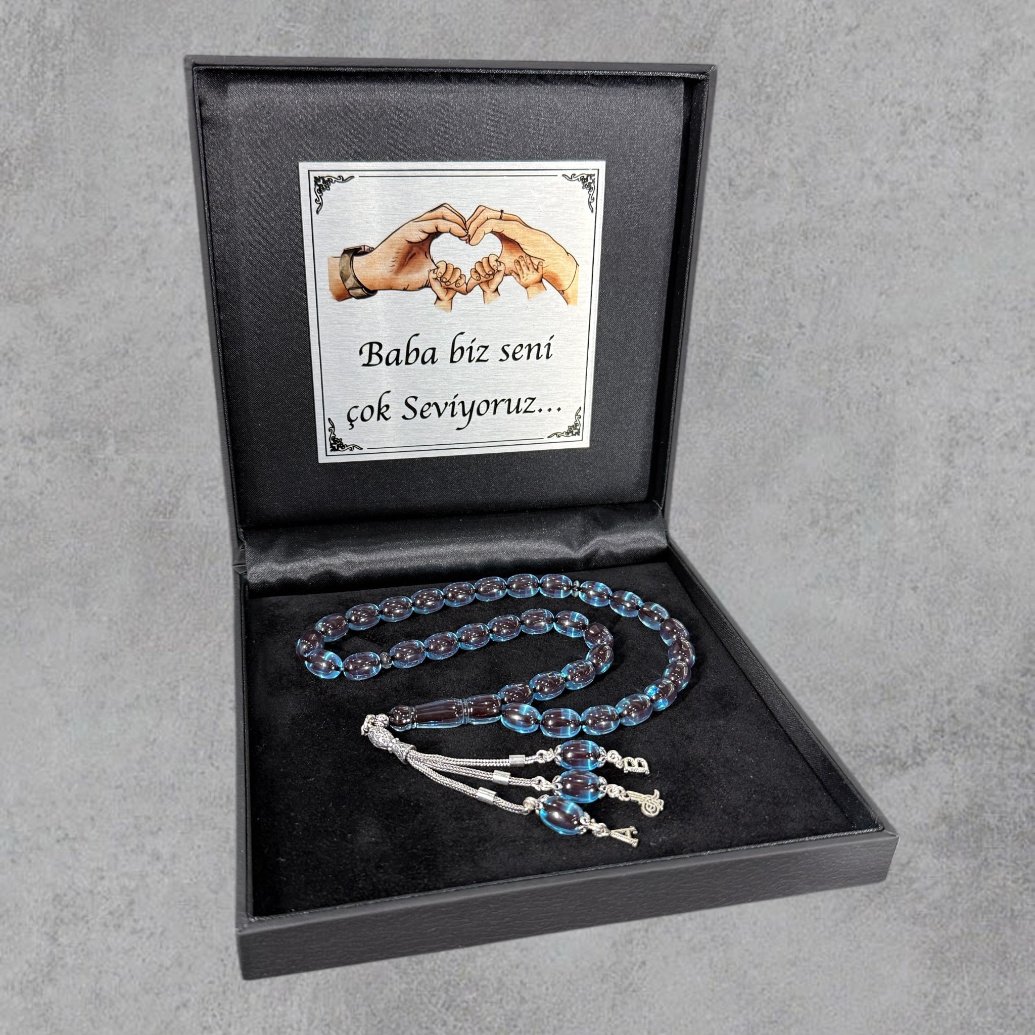 Kehribar Tesbih SIKMA Sky Blue Kapsül 2 Buchstaben & Logo 925 Silber