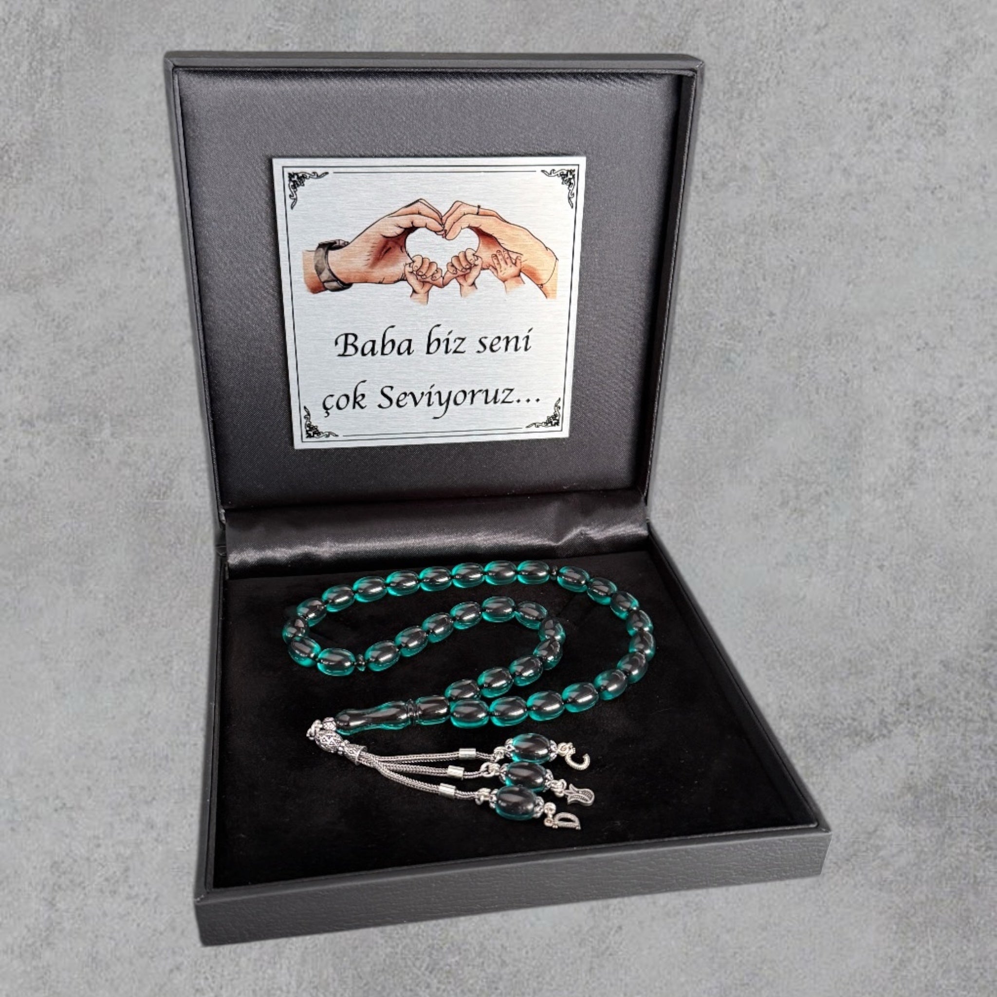 Kehribar Tesbih SIKMA Türkis Kapsül 2 Buchstaben & Logo 925 Silber Black Box