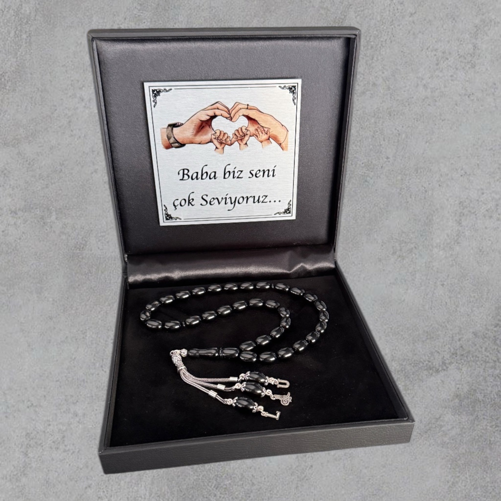 Kehribar Tesbih SIKMA Black Kapsül 2 Buchstaben & Logo 925 Silber Black Box