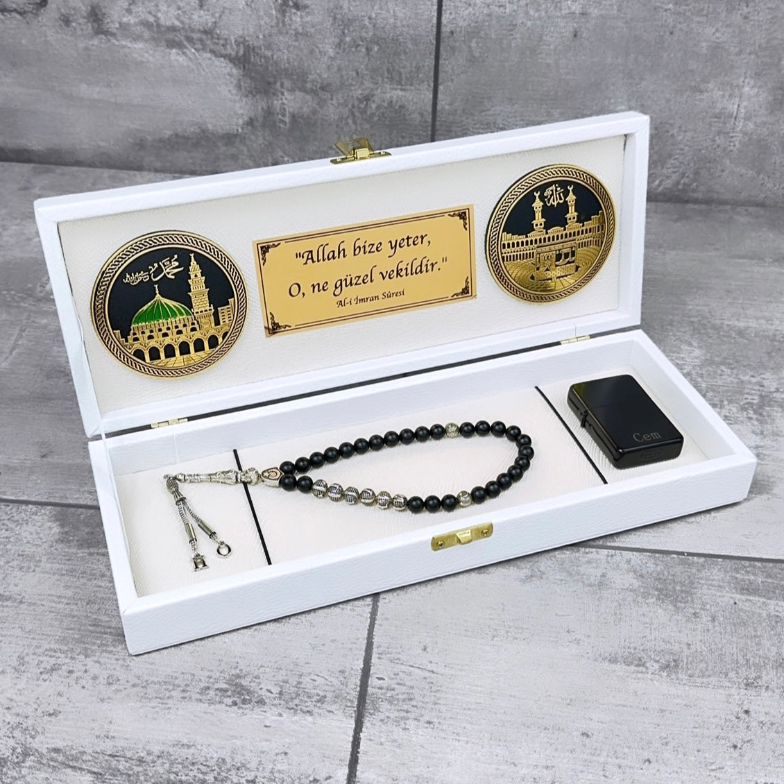 Tesbih / Gebetskette Geschenkset Weiß Mekka / Medina klein Logo