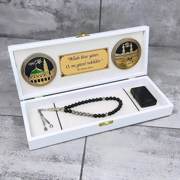 Tesbih / Gebetskette Geschenkset Weiß Mekka / Medina klein Logo