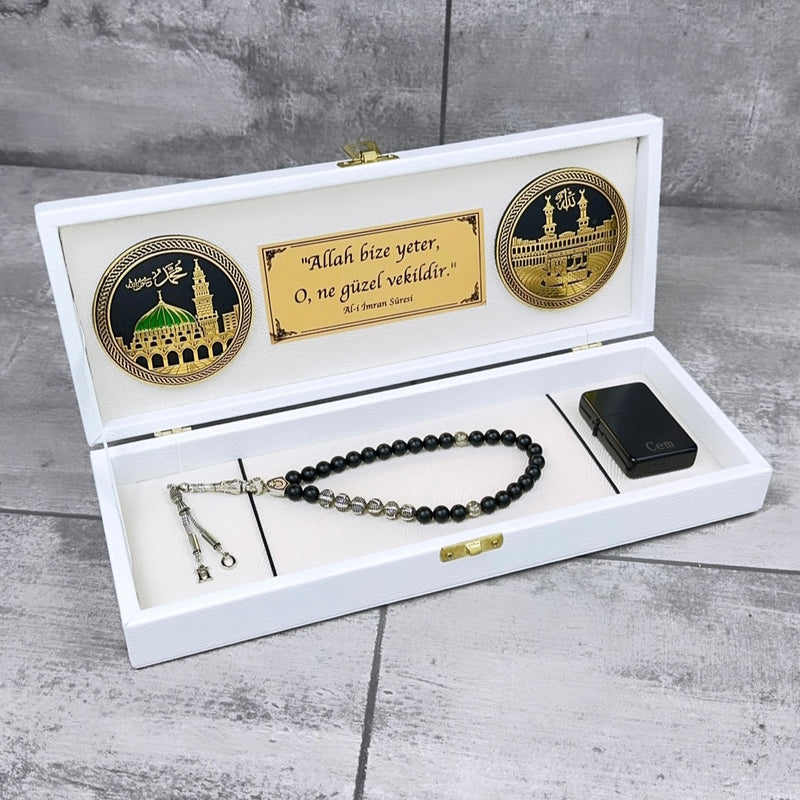 Tesbih / Gebetskette Geschenkset Weiß Mekka / Medina klein Logo