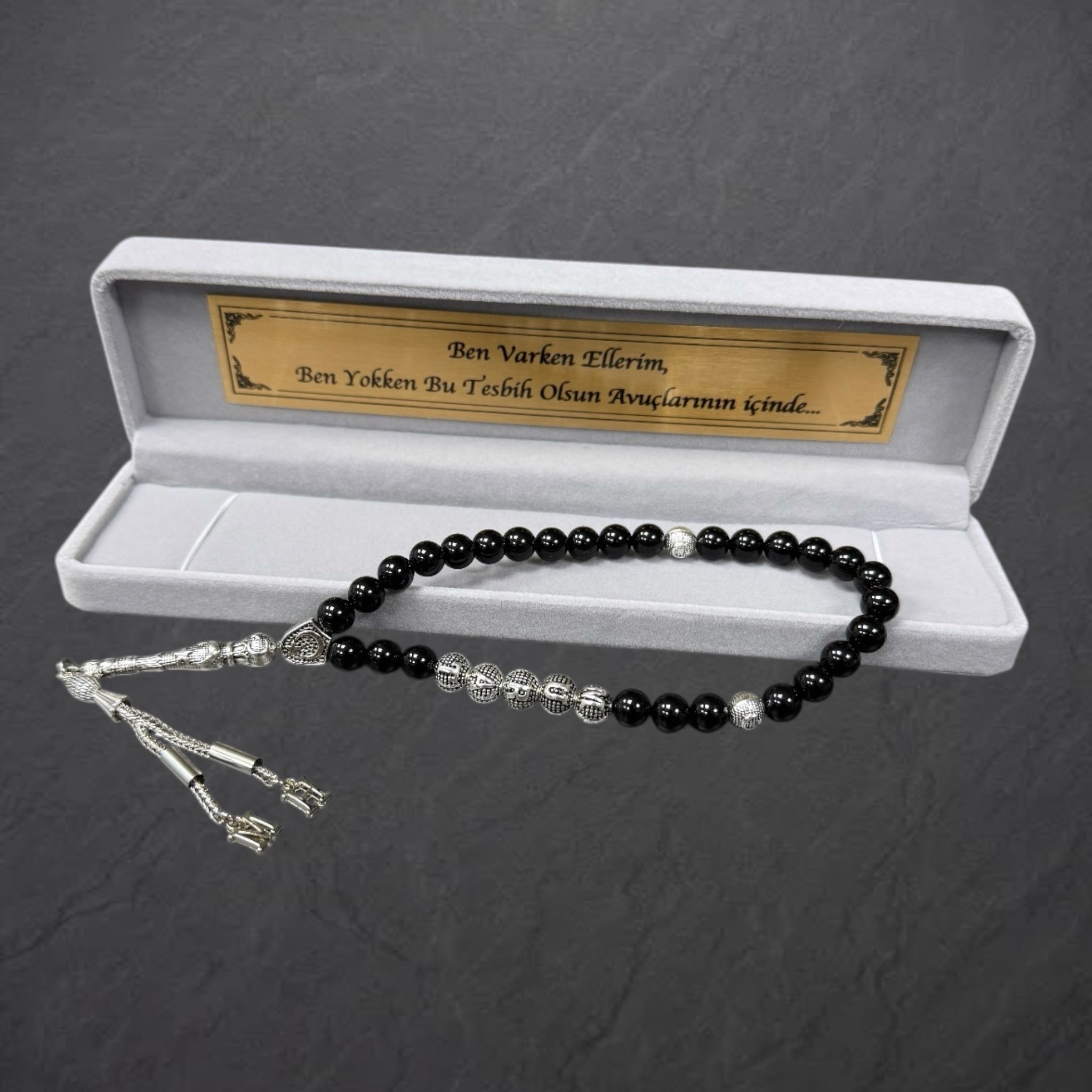 Tesbih mit Namen und 2 Buchstaben Graue Samt / Kadife Box mit Wunschtext