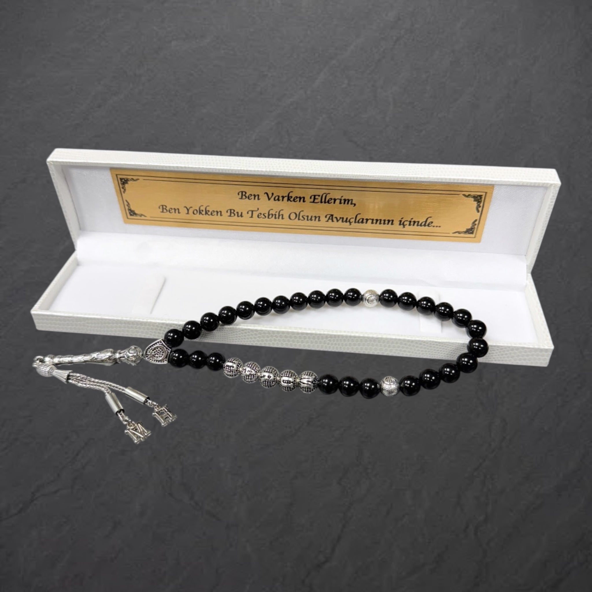 Tesbih mit Namen und 2 Buchstaben Weiße Struktur Box mit Wunschtext