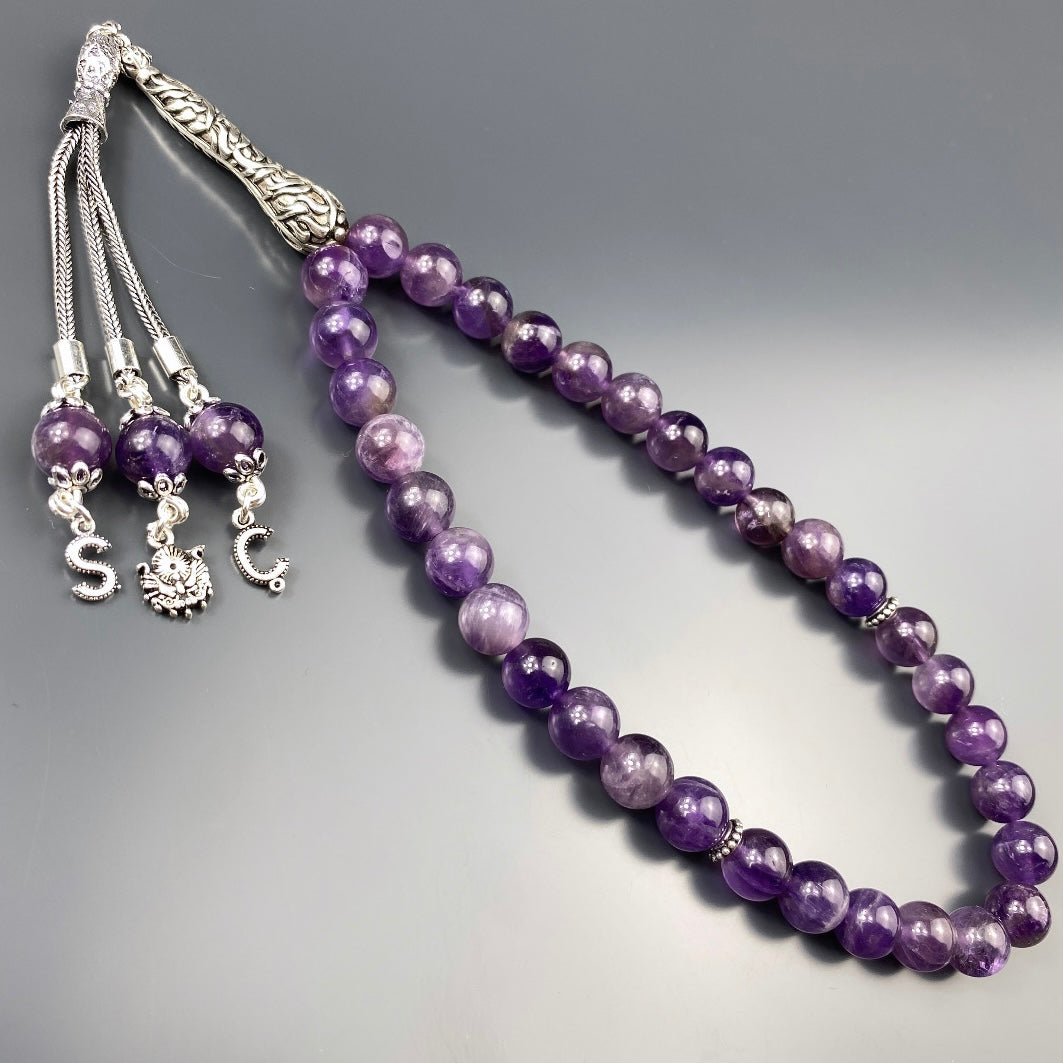 Tesbih Amethyst Naturstein 2 Buchstaben & Logo personalisiert 925 Silber