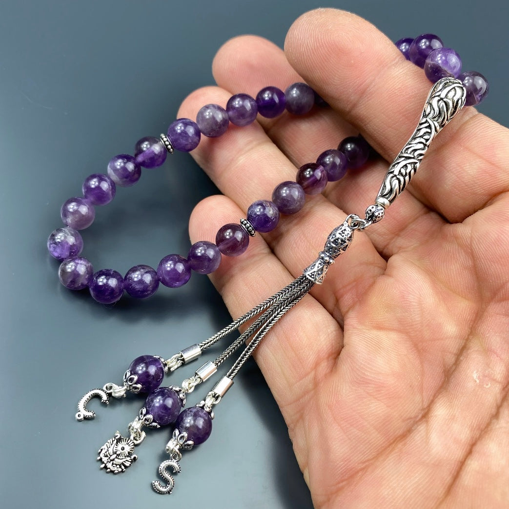 Tesbih Amethyst Naturstein 2 Buchstaben & Logo personalisiert 925 Silber