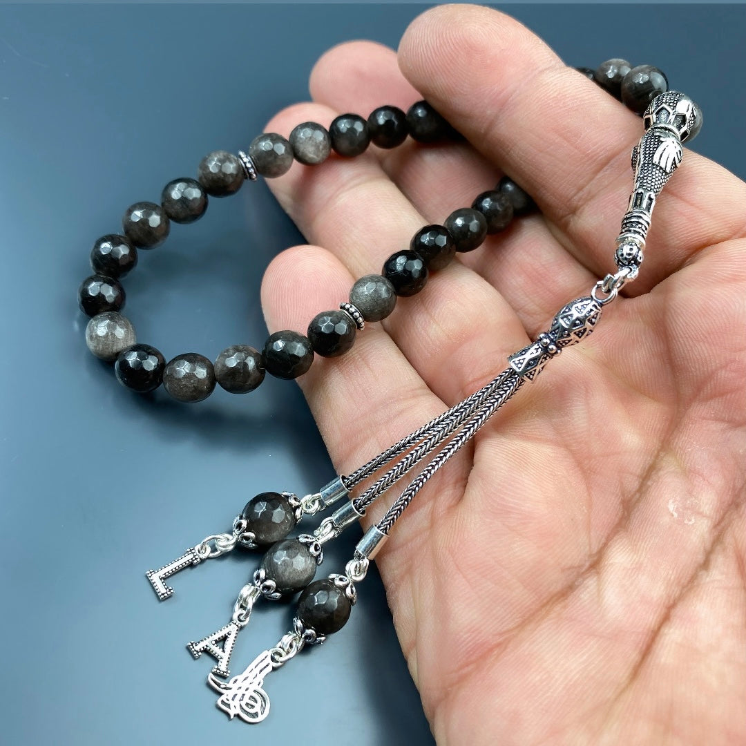 Tesbih Obsidian Silver Facettiert Naturstein 2 Buchstaben & Logo personalisiert 925 Silber