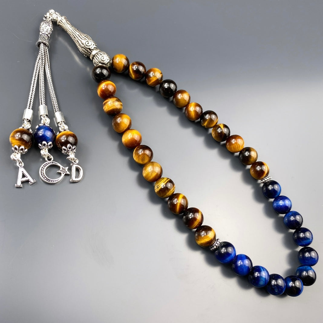 Tesbih Tigerauge Mix 2 Buchstaben & Logo personalisiert 925 Silber