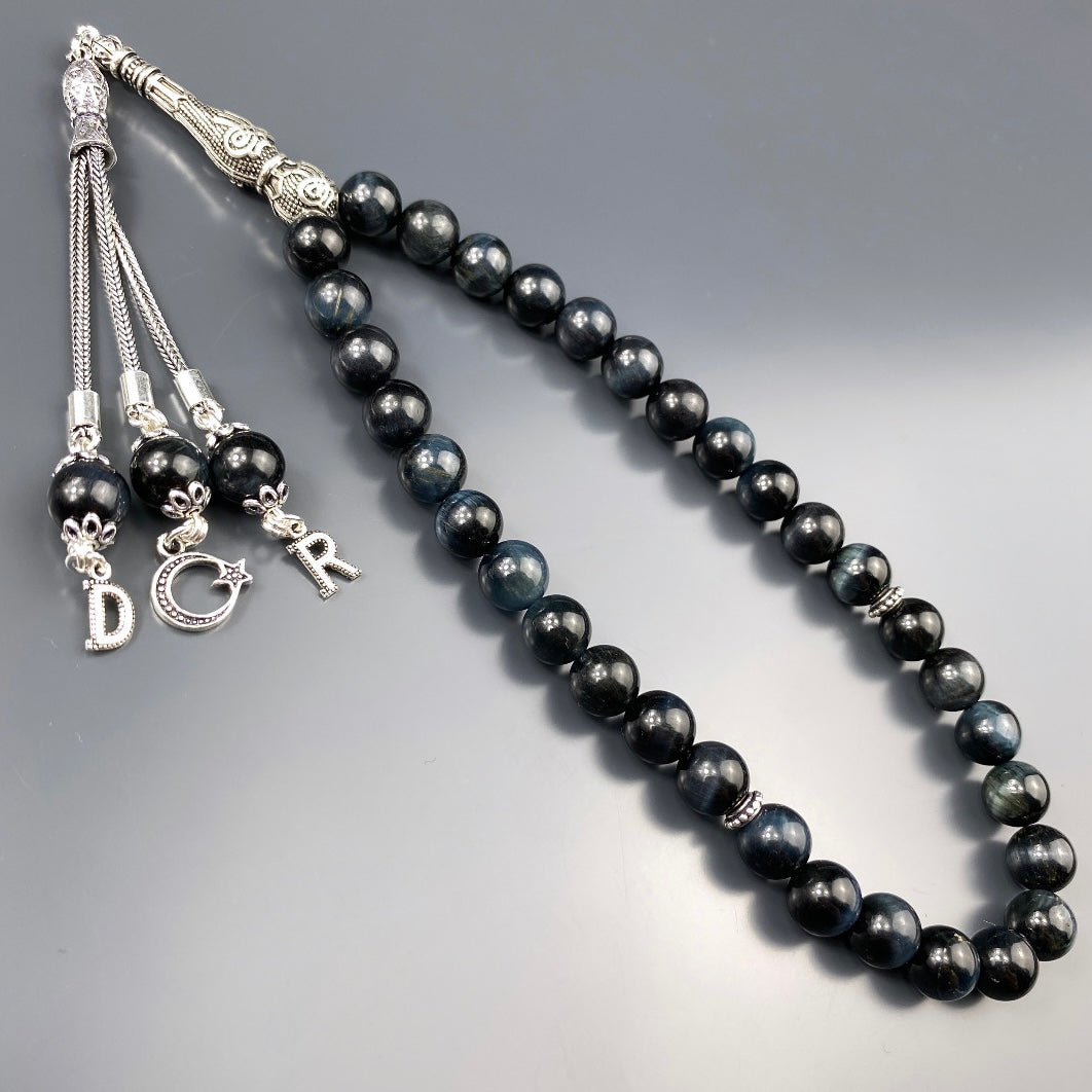 Tesbih Tigerauge Dark Blue 2 Buchstaben & Logo personalisiert 925 Silber