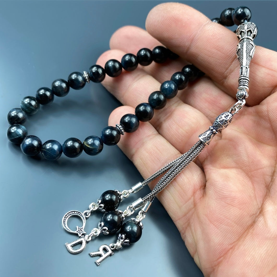 Tesbih Tigerauge Dark Blue 2 Buchstaben & Logo personalisiert 925 Silber