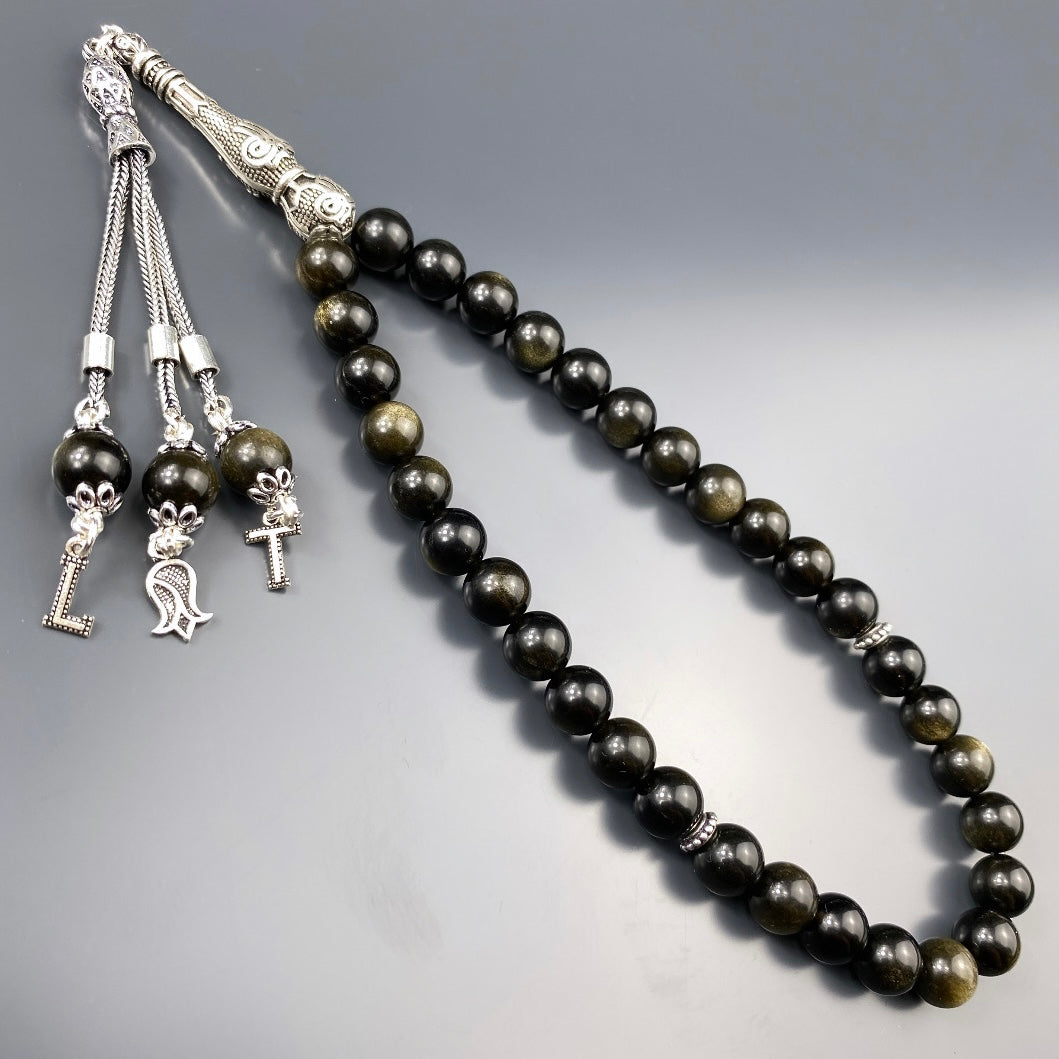 Tesbih Obsidian Gold 2 Buchstaben & Logo personalisiert 925 Silber