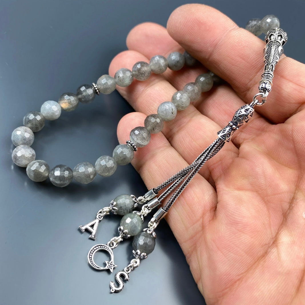 Tesbih Labradorit Facettiert 2 Buchstaben & Logo personalisiert 925 Silber