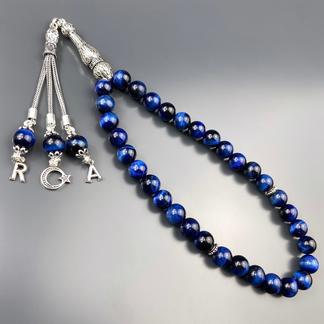 Tesbih Tigerauge Blau 2 Buchstaben & Logo personalisiert 925 Silber