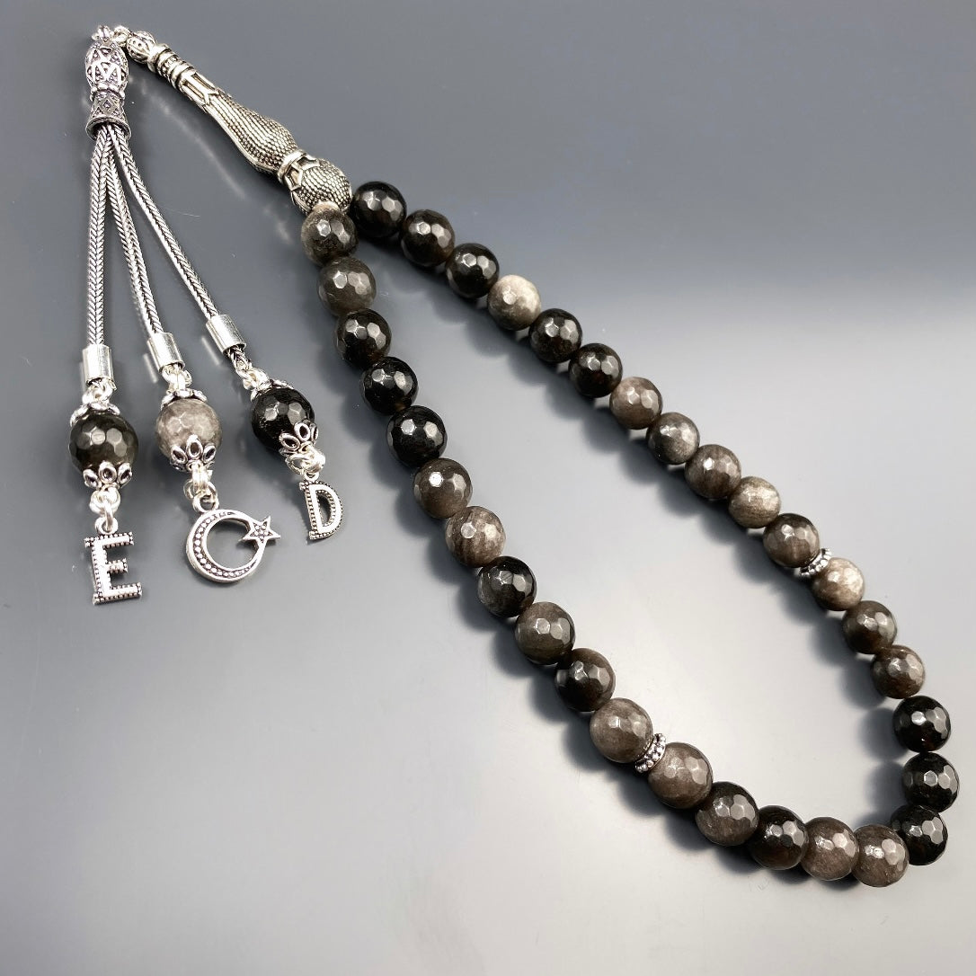 Tesbih Obsidian facettiert 2 Buchstaben & Logo personalisiert 925 Silber