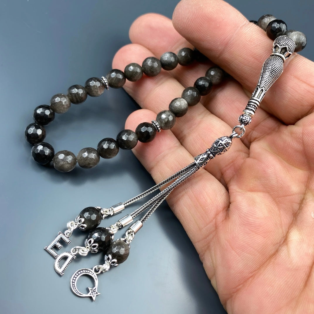 Tesbih Obsidian facettiert 2 Buchstaben & Logo personalisiert 925 Silber