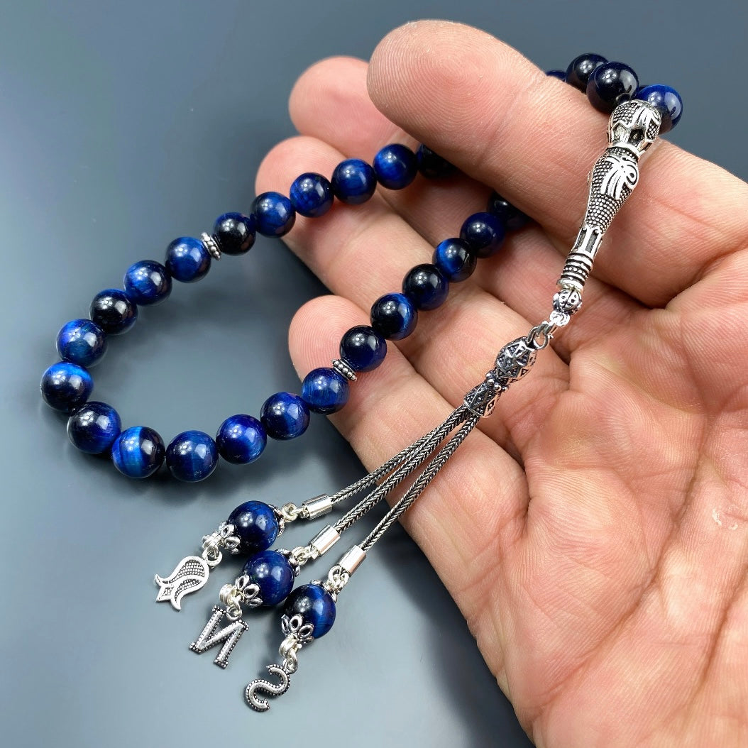 Tesbih Tigerauge Blau 2 Buchstaben & Logo personalisiert 925 Silber