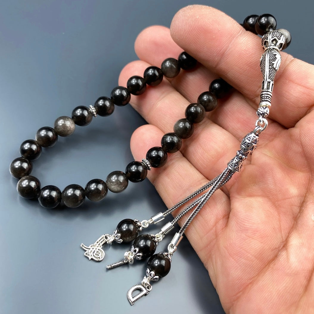 Tesbih Obsidian 2 Buchstaben & Logo personalisiert 925 Silber