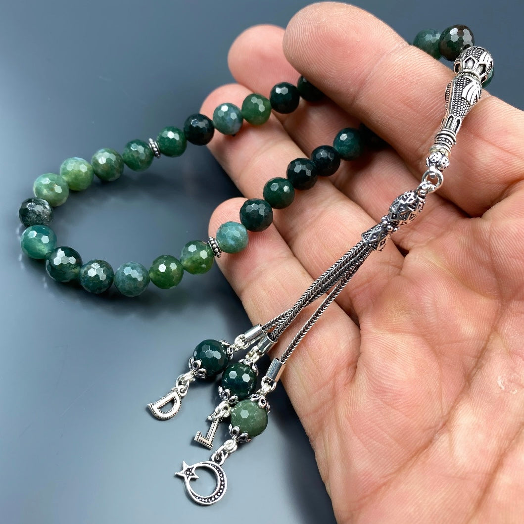 Tesbih Akik Grün 2 Buchstaben & Logo personalisiert 925 Silber