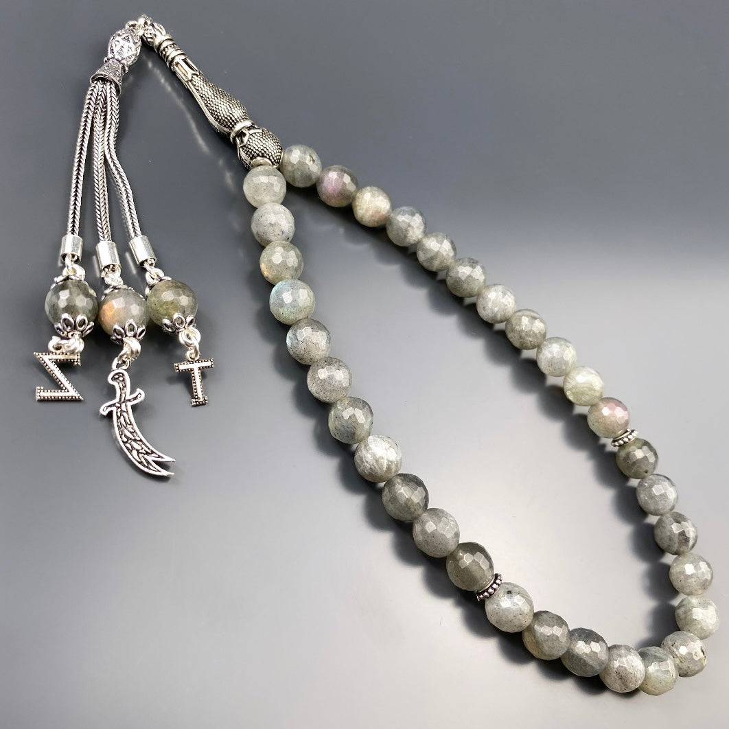 Tesbih Labradorite facettiert 2 Buchstaben & Logo personalisiert 925 Silber