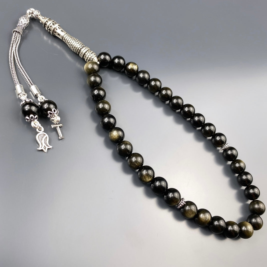 Tesbih Obsidian 1 Buchstaben & Logo personalisiert 925 Silber