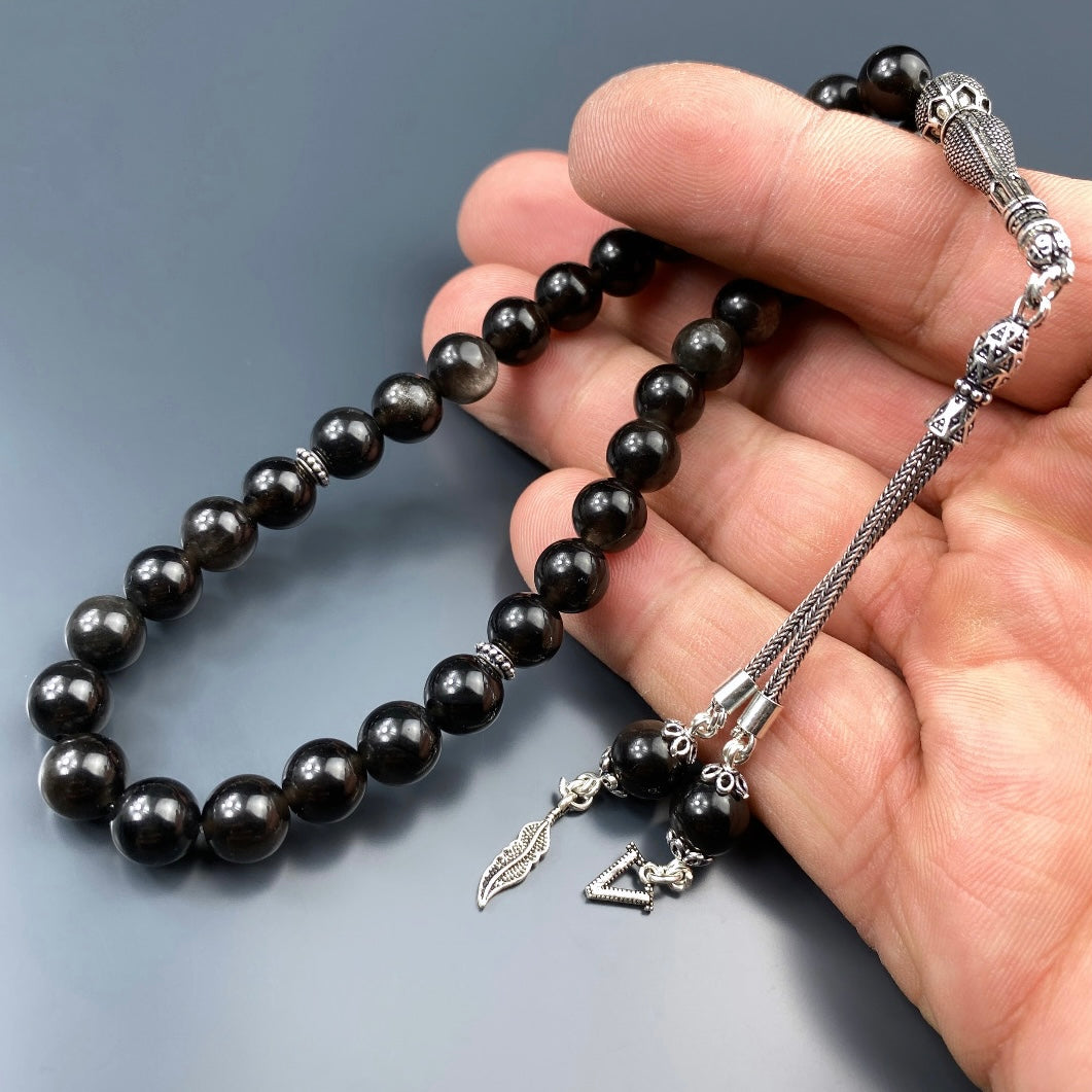 Tesbih Obsidian 1 Buchstaben & Logo personalisiert 925 Silber