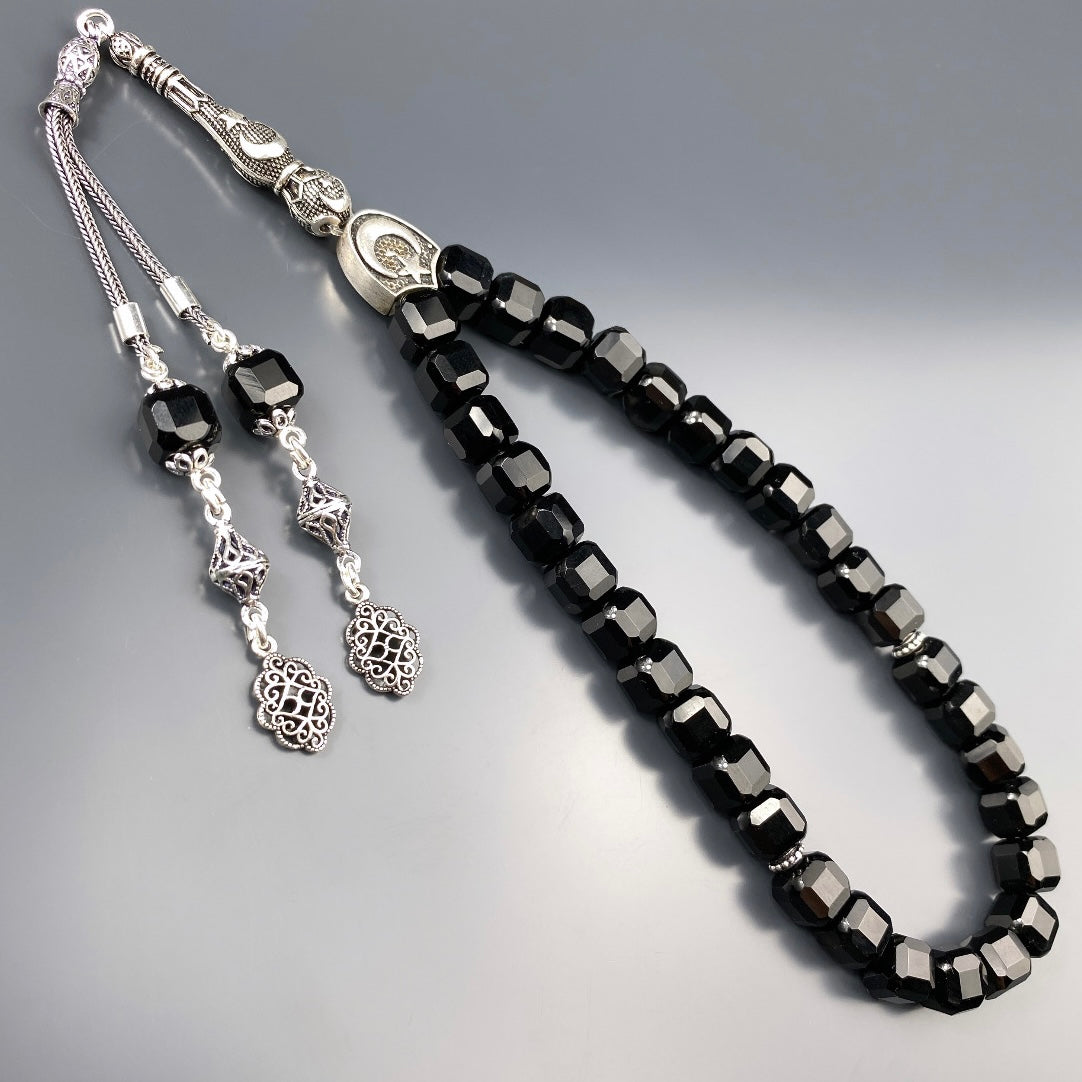 Tesbih Onyx Küp Kesim Ay Yildiz Logo Özel Tasarim 925 Silber