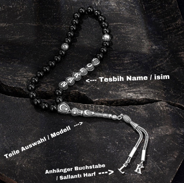 Tesbih mit Namen Black OLD Box Dunkel Grün Jade mit Wunschtext